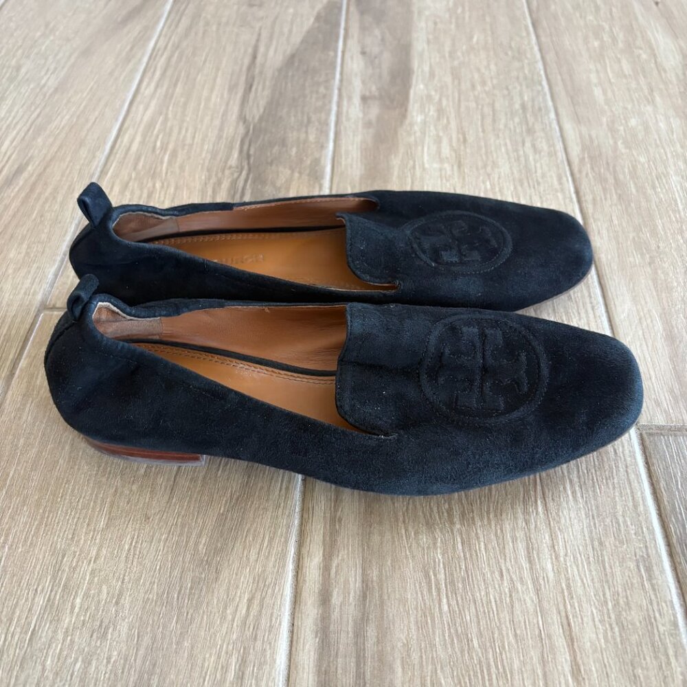 Tory Burch Leigh Loafer Womens 8.5 Black Suede Leather City Office Casual Wealth - Picture 2 of 9
